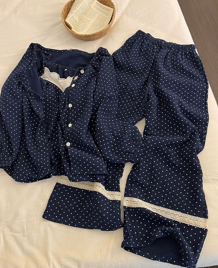 Navy Polka Dot 3-Piece Pajama Set – Lace Cami, Long Sleeve Top & Pants | All Season