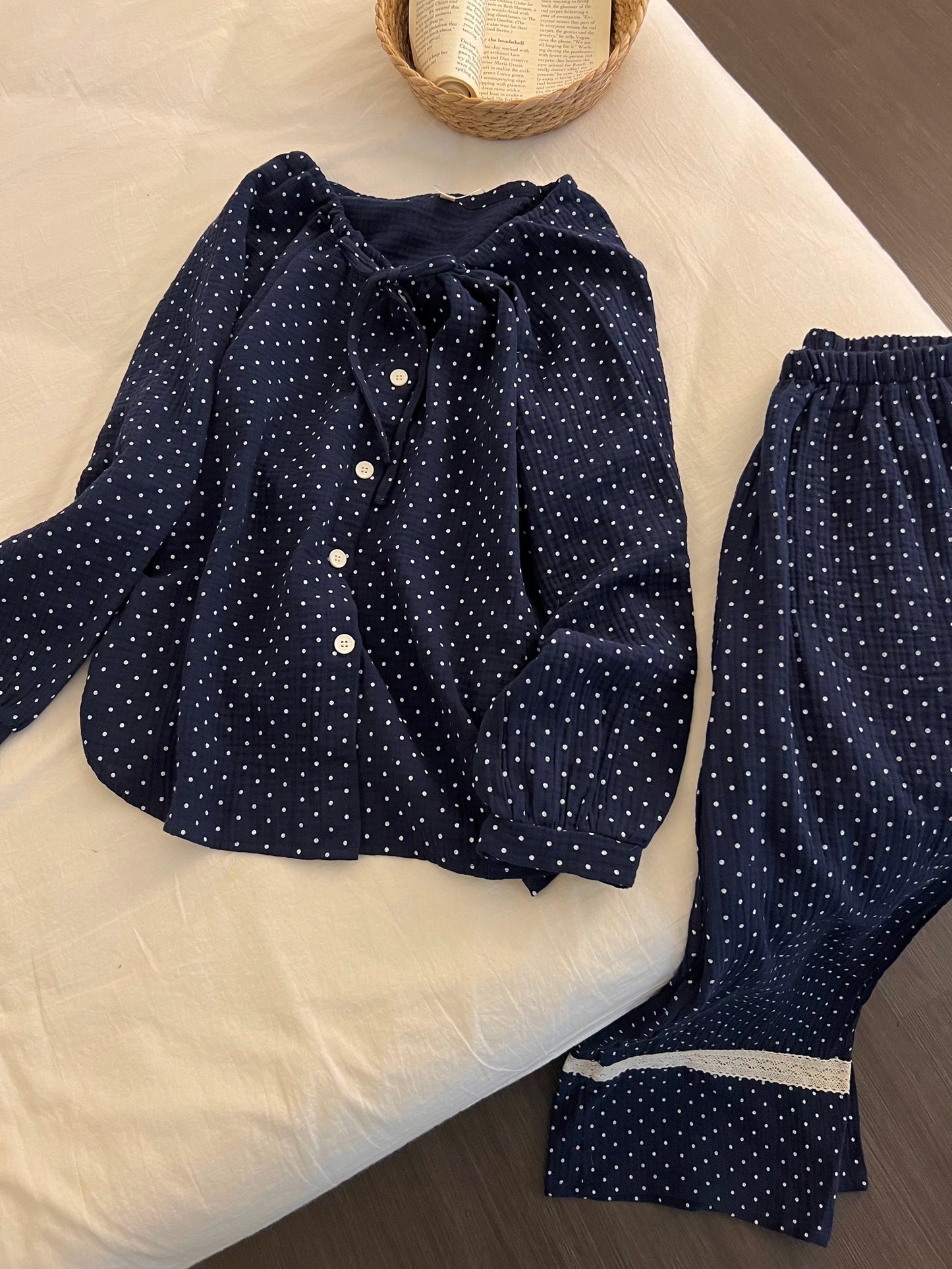 Navy Polka Dot 3-Piece Pajama Set – Lace Cami, Long Sleeve Top & Pants | All Season