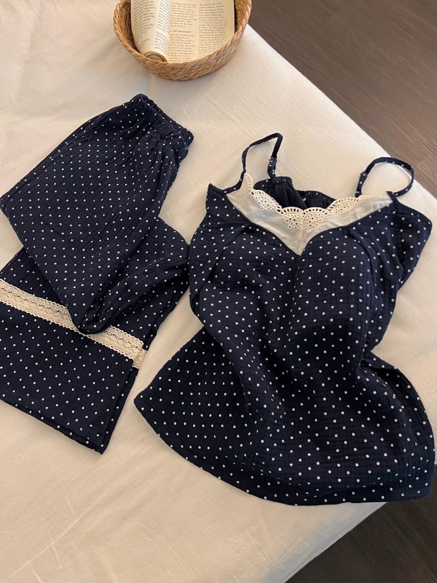 Navy Polka Dot 3-Piece Pajama Set – Lace Cami, Long Sleeve Top & Pants | All Season