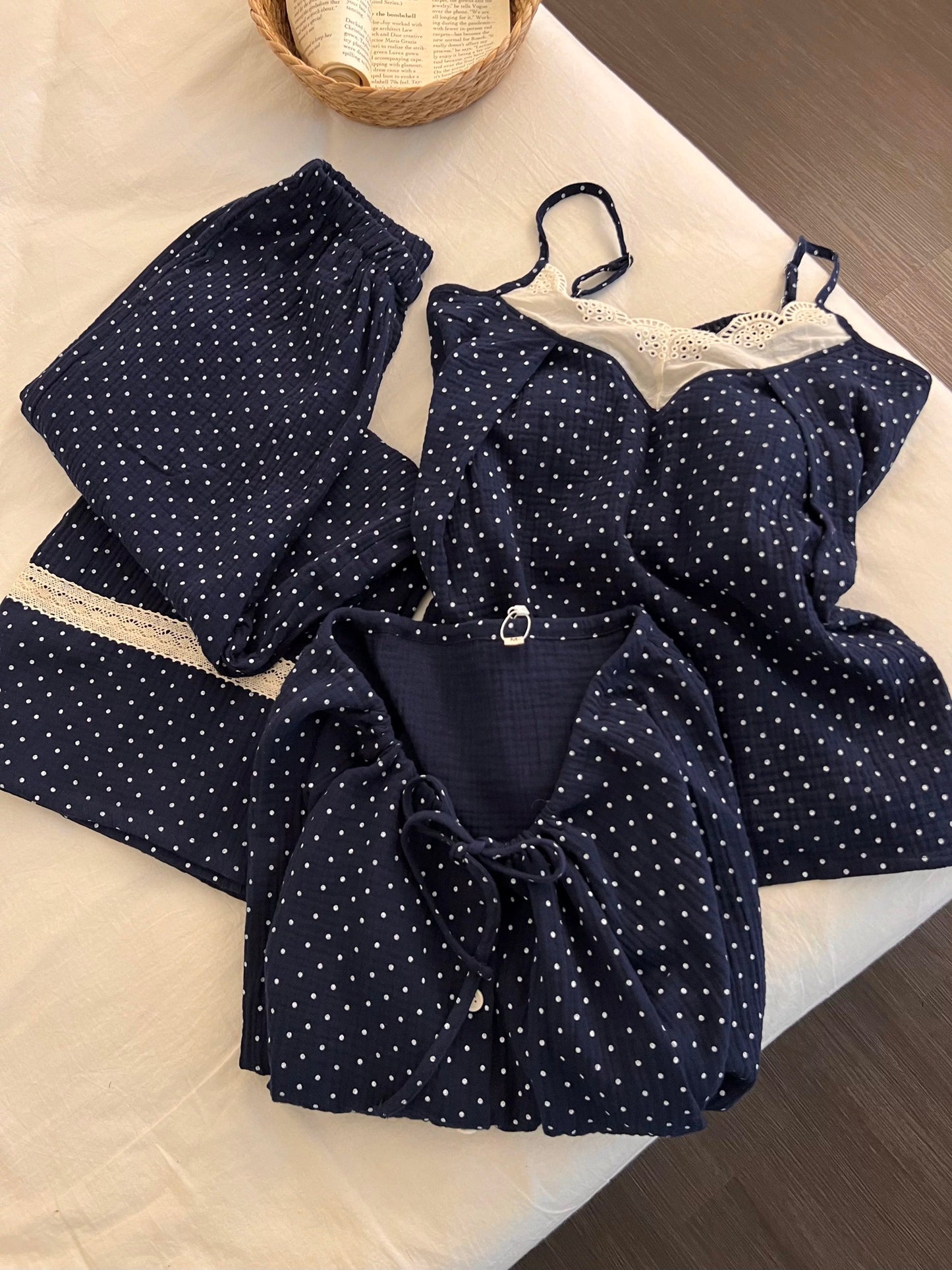 Navy Polka Dot 3-Piece Pajama Set – Lace Cami, Long Sleeve Top & Pants | All Season