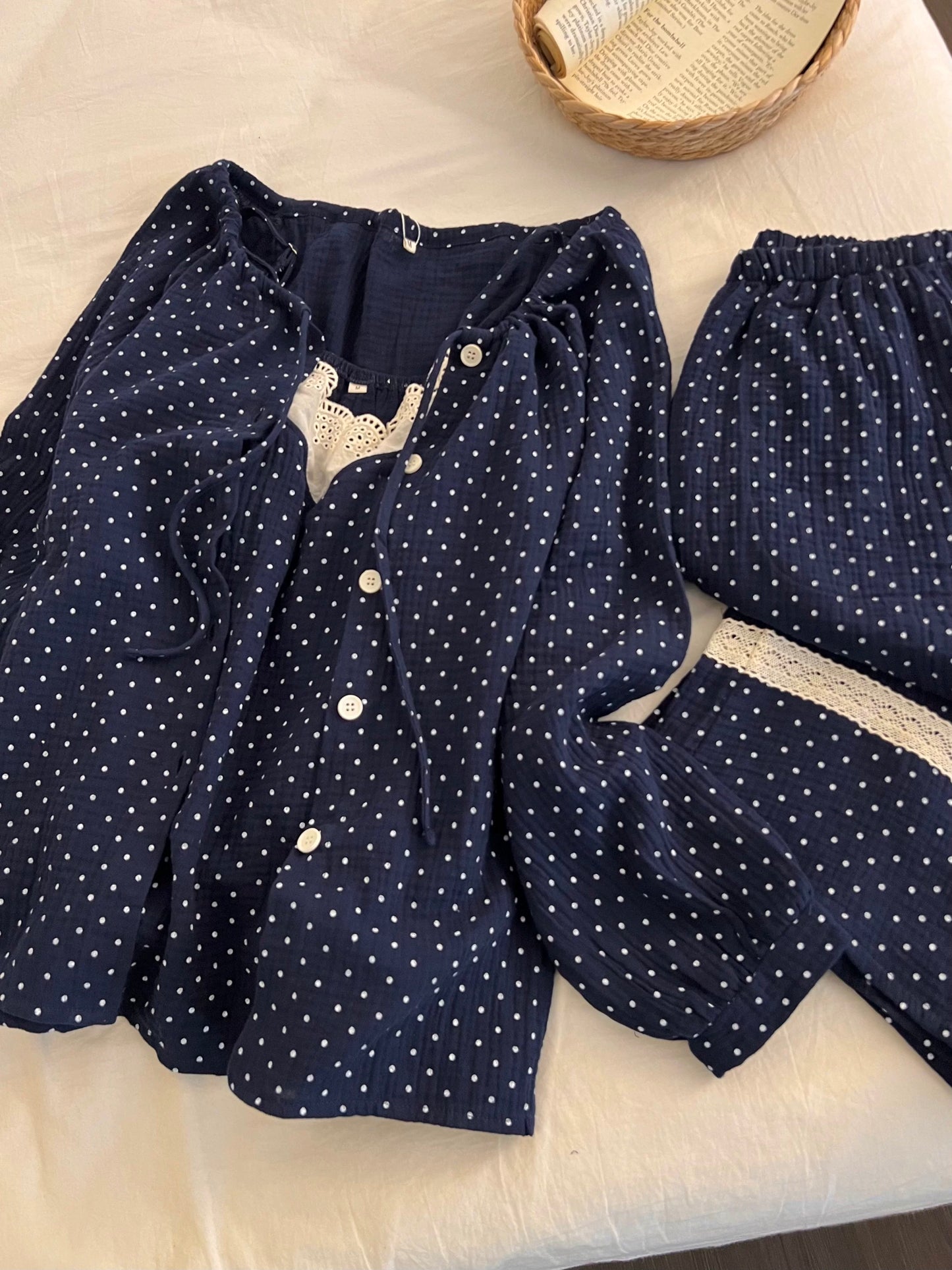 Navy Polka Dot 3-Piece Pajama Set – Lace Cami, Long Sleeve Top & Pants | All Season