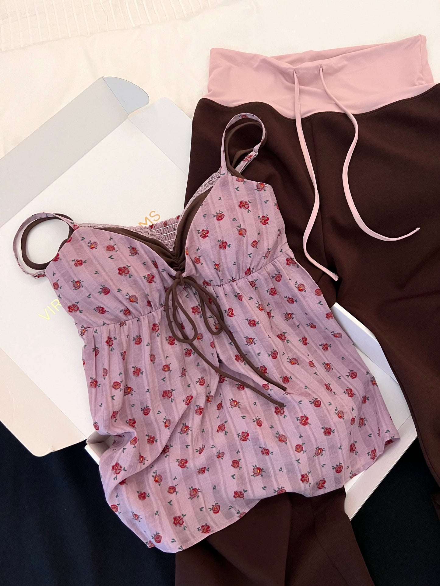 Rose Floral Cami Top & Chocolate Wide-Leg Pants Pajama Set – Contrast Color Lounge Wear