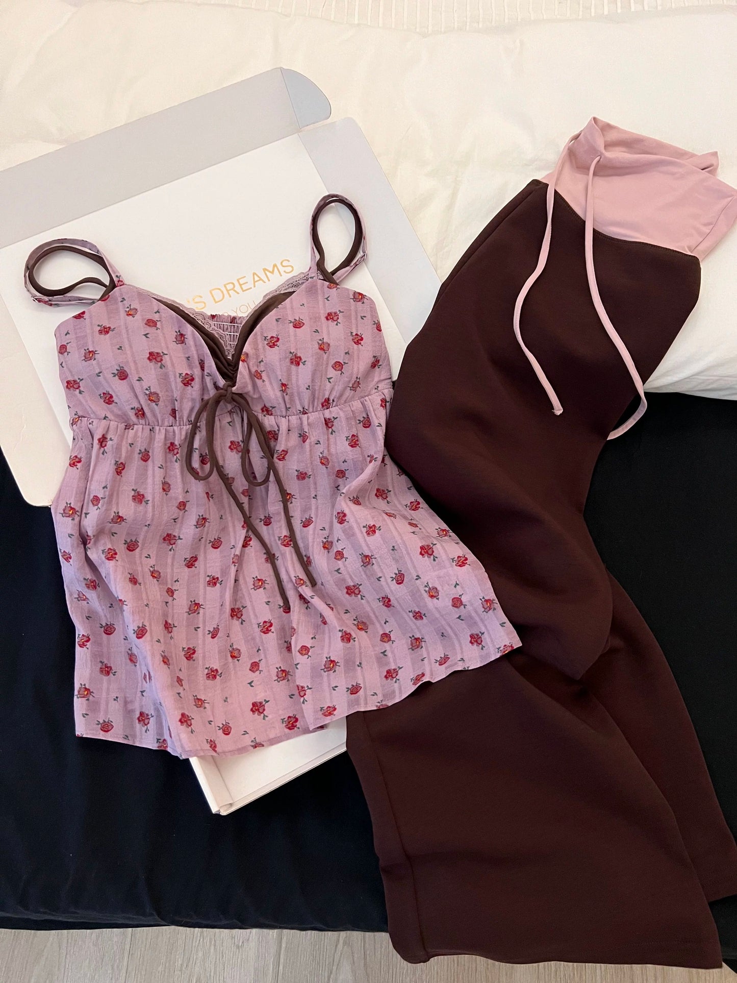 Rose Floral Cami Top & Chocolate Wide-Leg Pants Pajama Set – Contrast Color Lounge Wear
