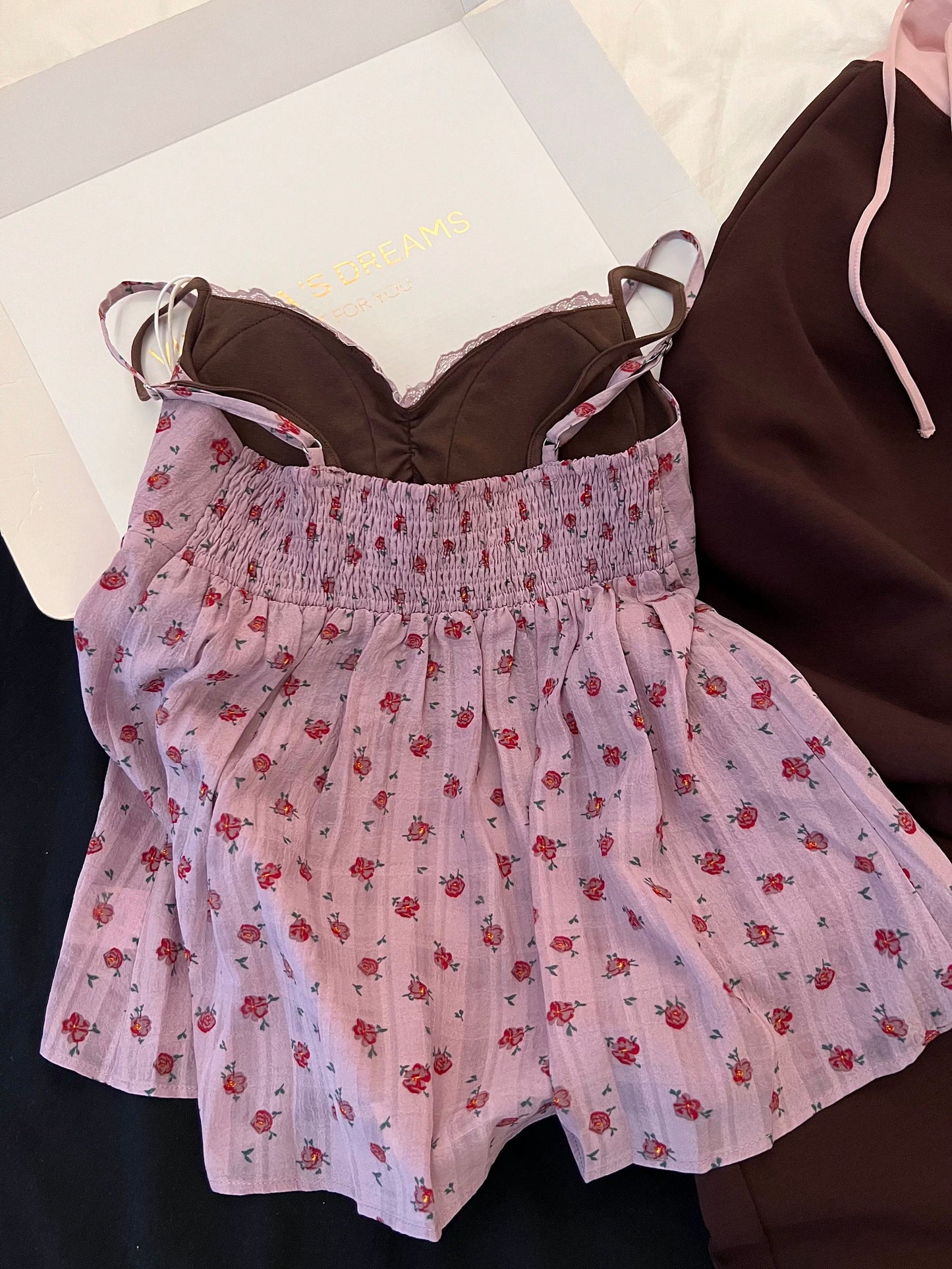 Rose Floral Cami Top & Chocolate Wide-Leg Pants Pajama Set – Contrast Color Lounge Wear