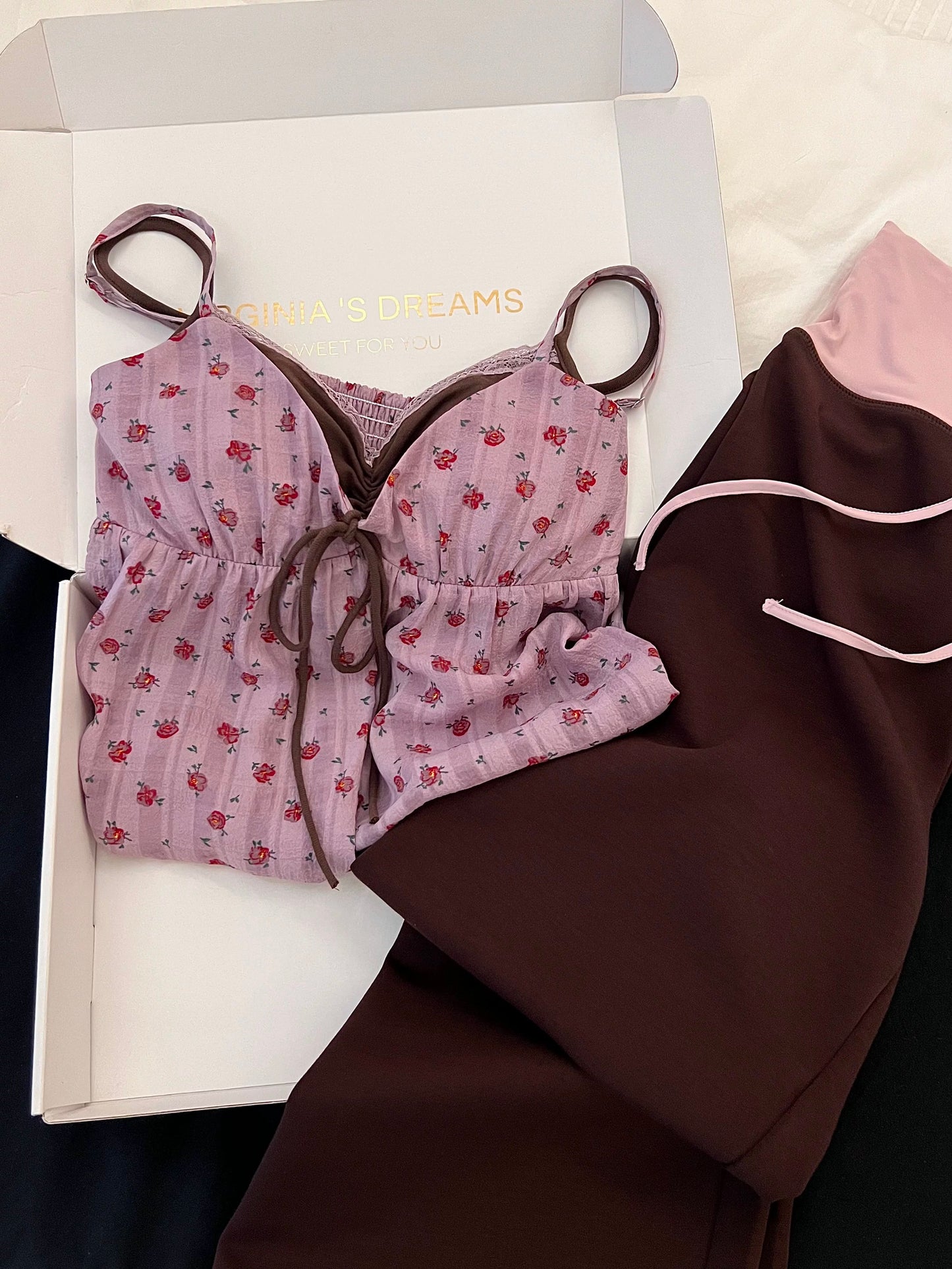 Rose Floral Cami Top & Chocolate Wide-Leg Pants Pajama Set – Contrast Color Lounge Wear