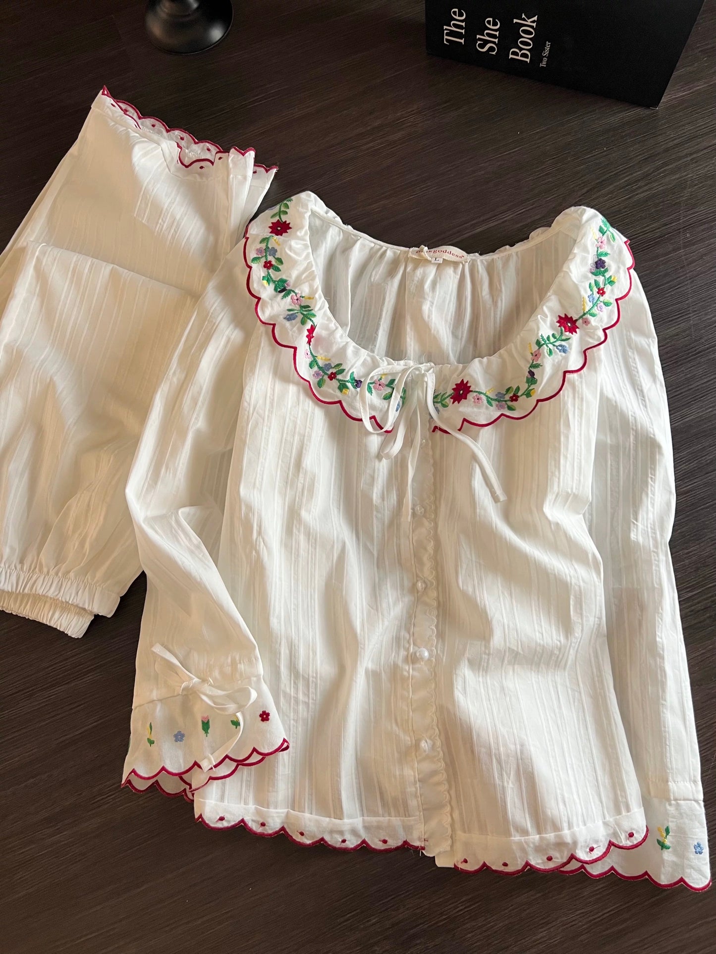 Floral Embroidered Scallop Collar Pajama Set – Long Sleeve Button Top & Wide-Leg Pants in White