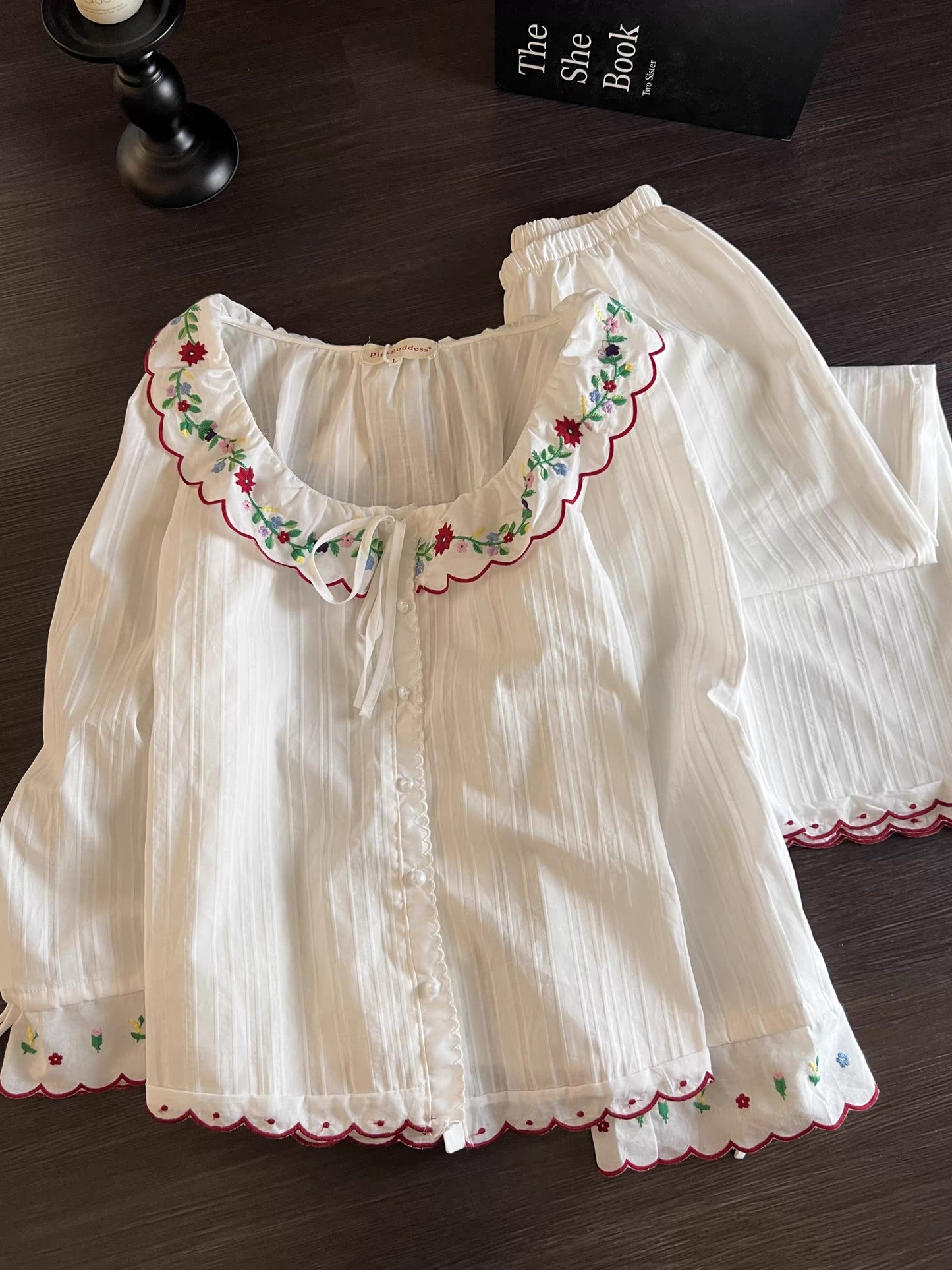 Floral Embroidered Scallop Collar Pajama Set – Long Sleeve Button Top & Wide-Leg Pants in White