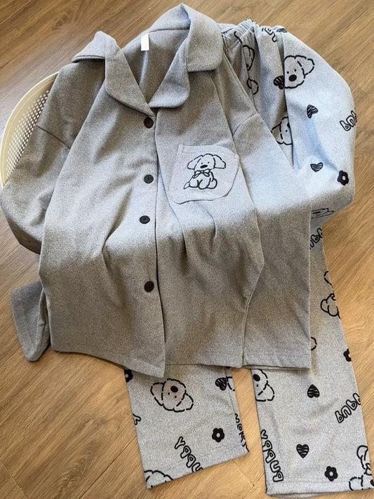 Cute Puppy Embroidered Fleece Pajama Set – Short Sleeve Top & Long Pants in Grey | Autumn Winter