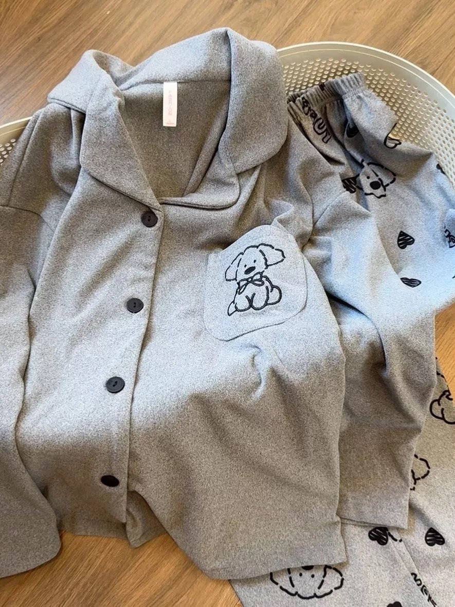 Cute Puppy Embroidered Fleece Pajama Set – Short Sleeve Top & Long Pants in Grey | Autumn Winter