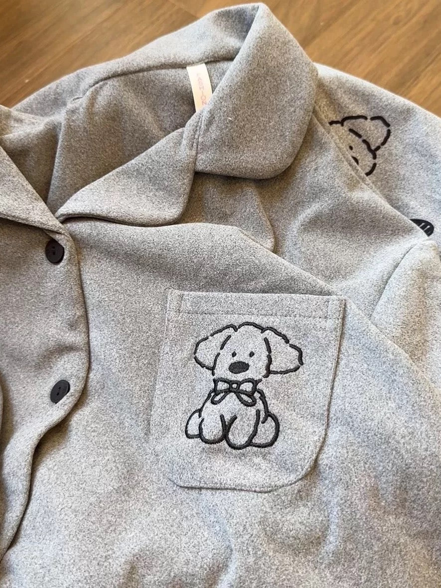 Cute Puppy Embroidered Fleece Pajama Set – Short Sleeve Top & Long Pants in Grey | Autumn Winter