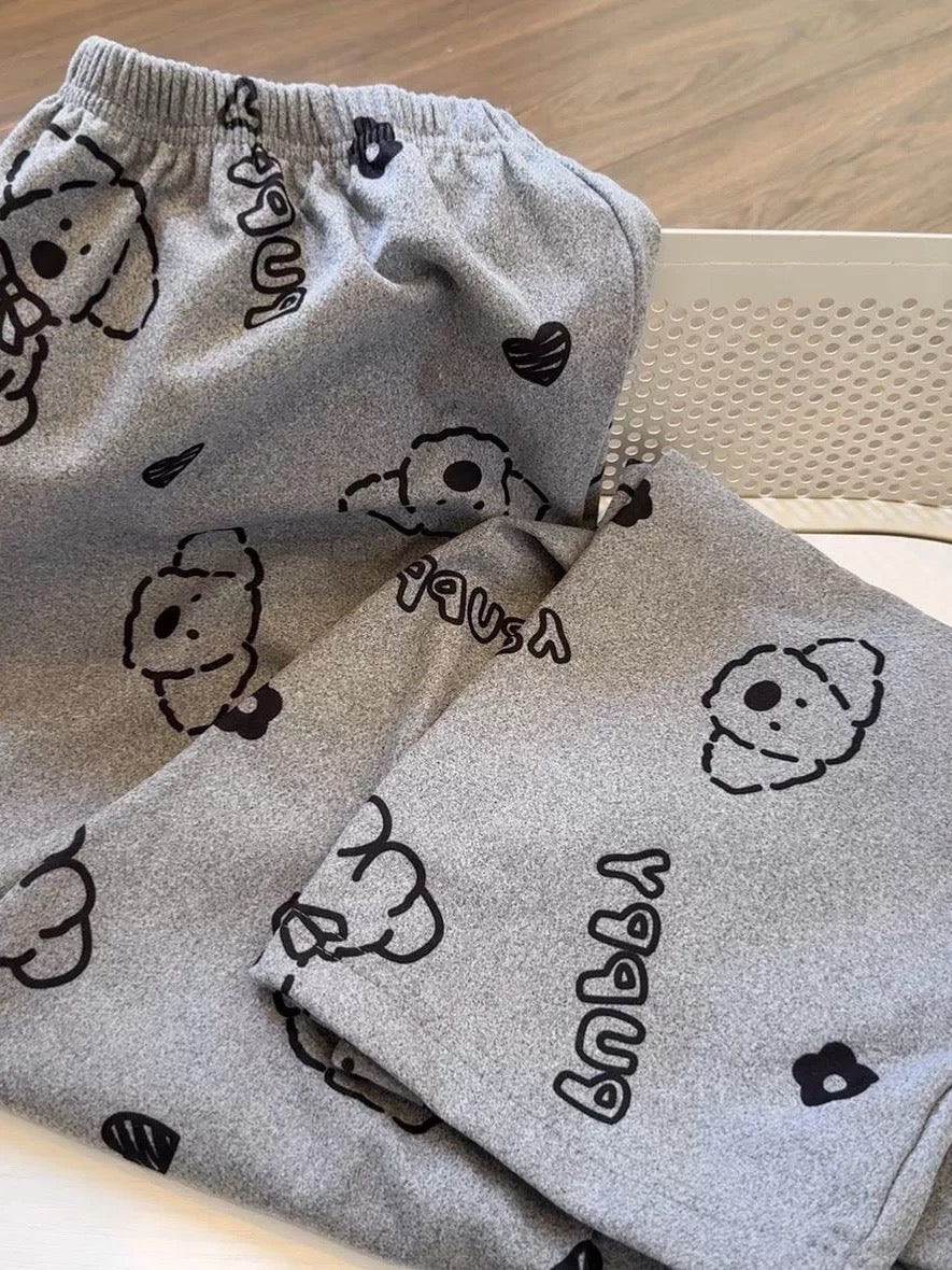 Cute Puppy Embroidered Fleece Pajama Set – Short Sleeve Top & Long Pants in Grey | Autumn Winter