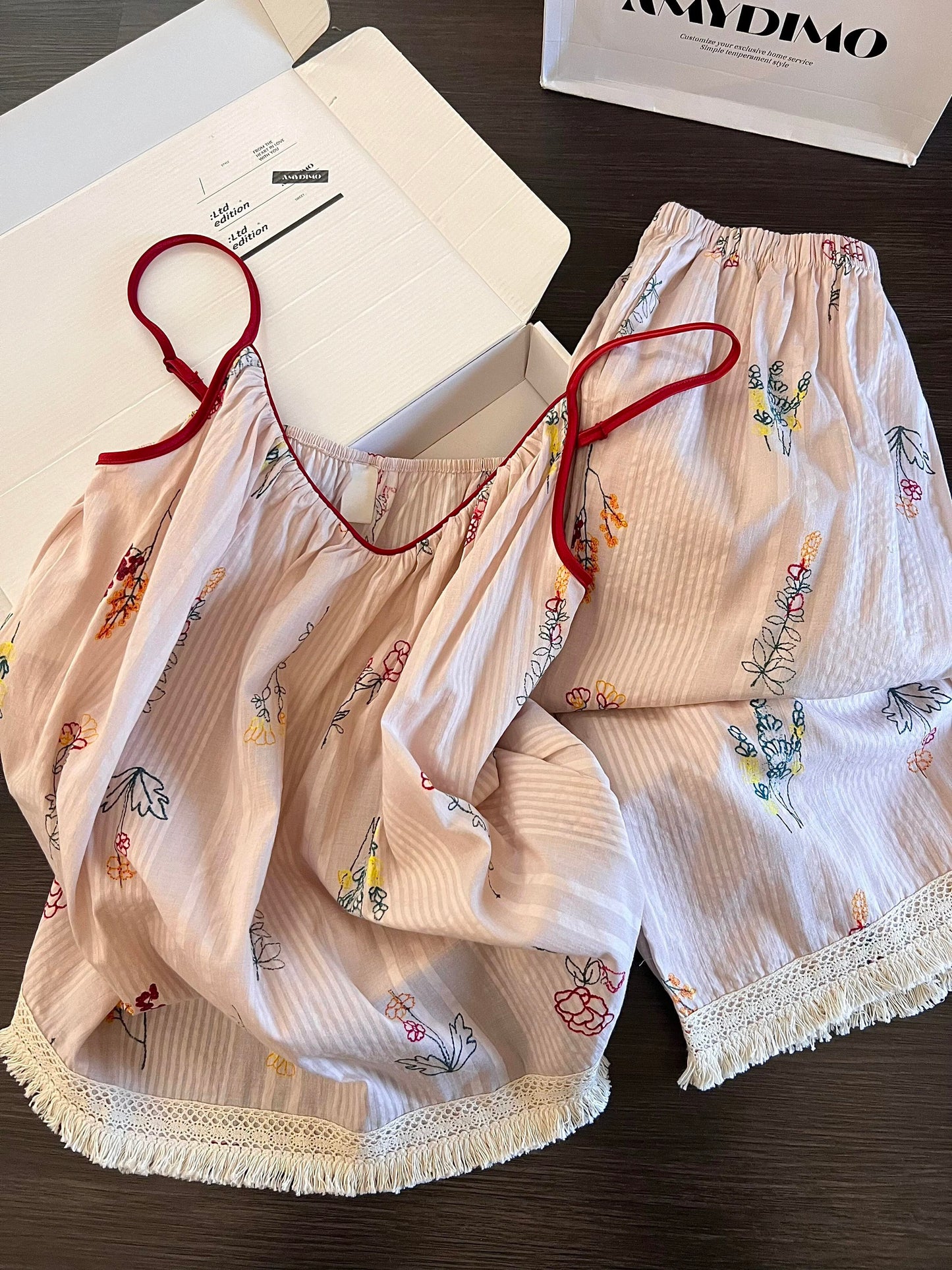 Botanical Embroidery Gauze 3-Piece Pajama Set – Cami Top, Short Sleeve Top & Shorts with Fringe Lace Trim