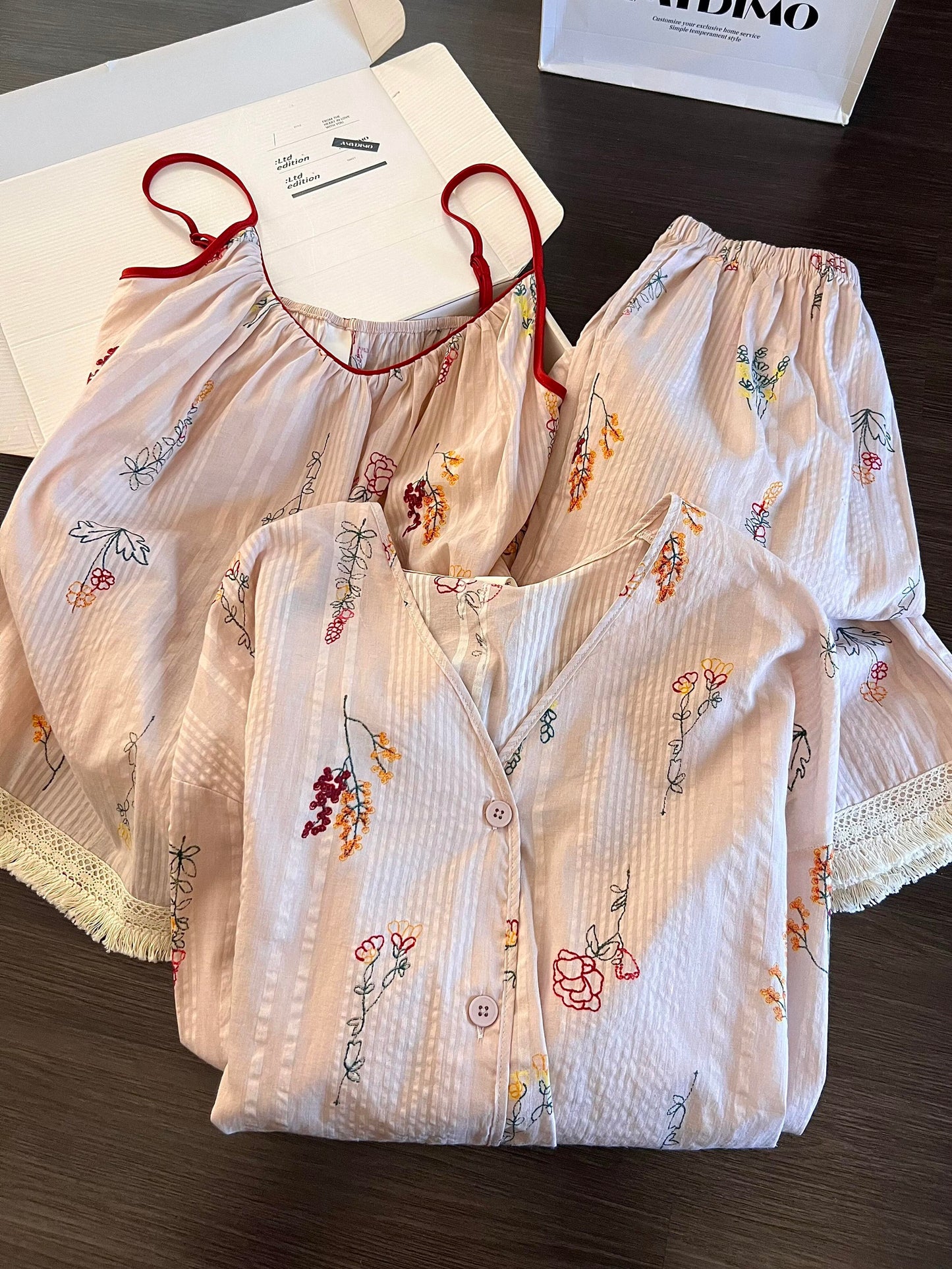 Botanical Embroidery Gauze 3-Piece Pajama Set – Cami Top, Short Sleeve Top & Shorts with Fringe Lace Trim
