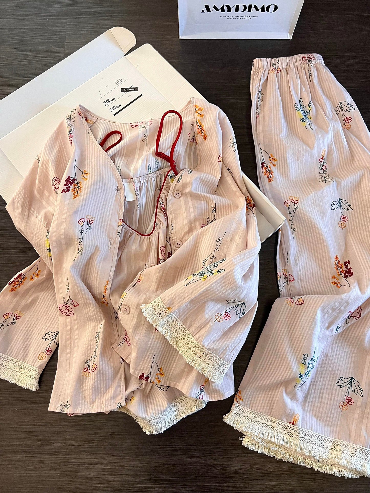 Botanical Embroidery Gauze 3-Piece Pajama Set – Cami Top, Short Sleeve Top & Shorts with Fringe Lace Trim