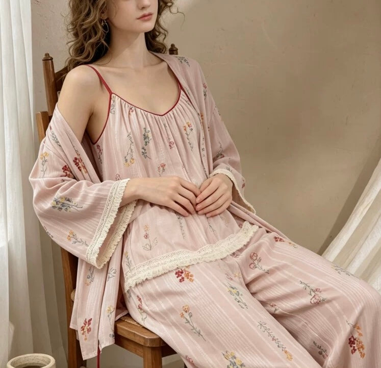 Botanical Embroidery Gauze 3-Piece Pajama Set – Cami Top, Short Sleeve Top & Shorts with Fringe Lace Trim