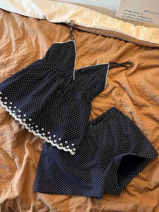 Polka Dot Lace Trim Pajama Set - Retro French Style Cami & Shorts Loungewear