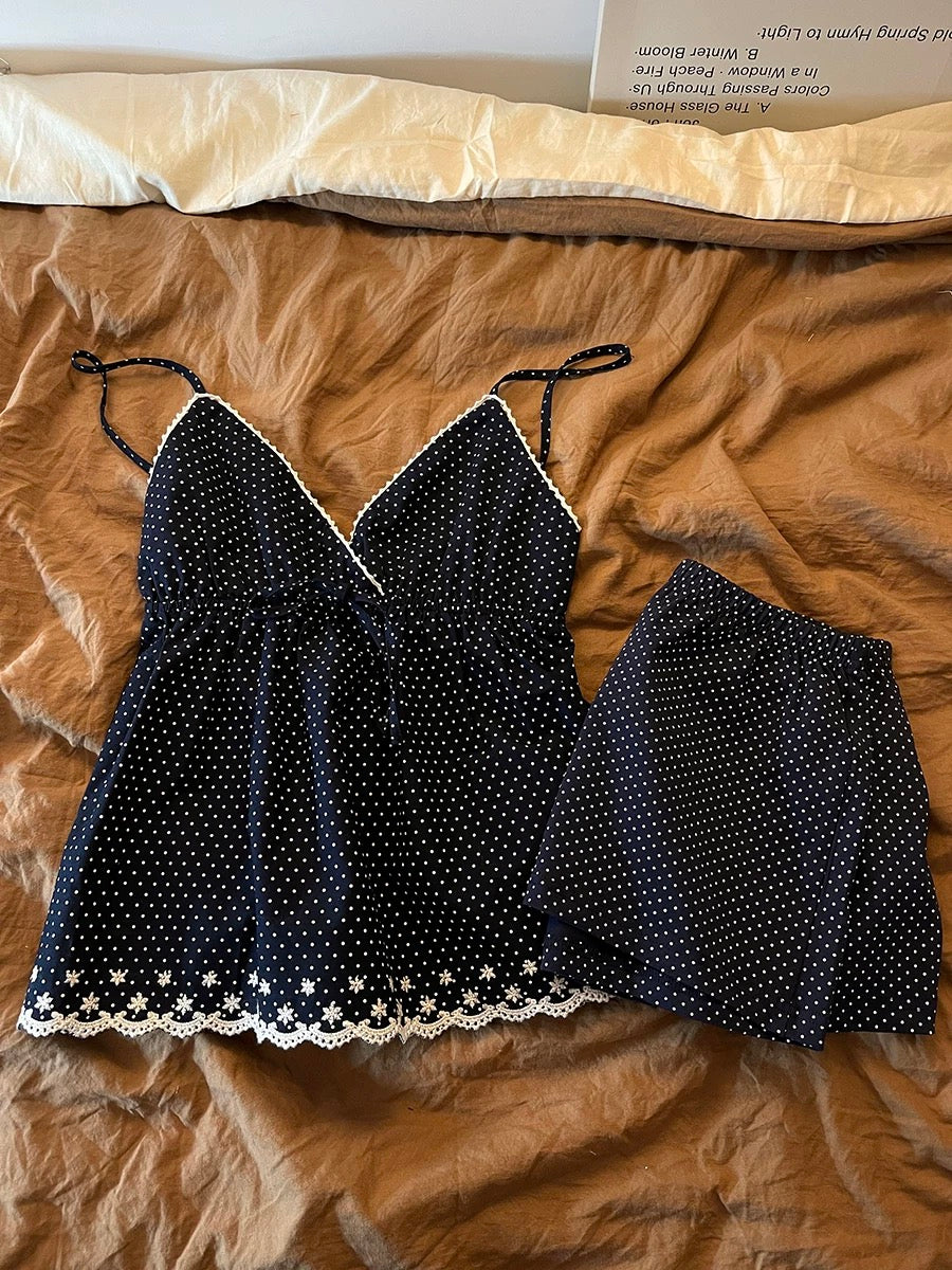 Polka Dot Lace Trim Pajama Set - Retro French Style Cami & Shorts Loungewear