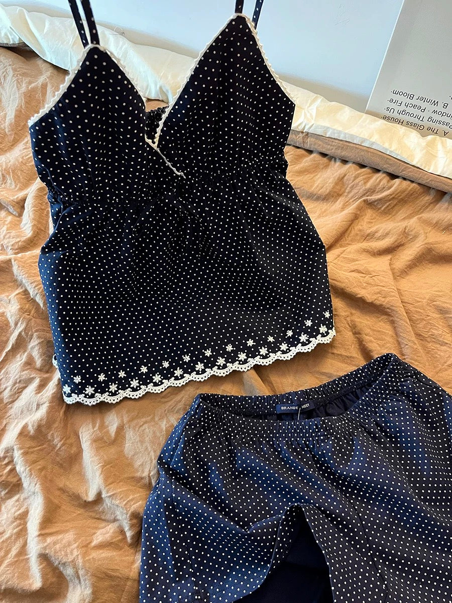 Polka Dot Lace Trim Pajama Set - Retro French Style Cami & Shorts Loungewear