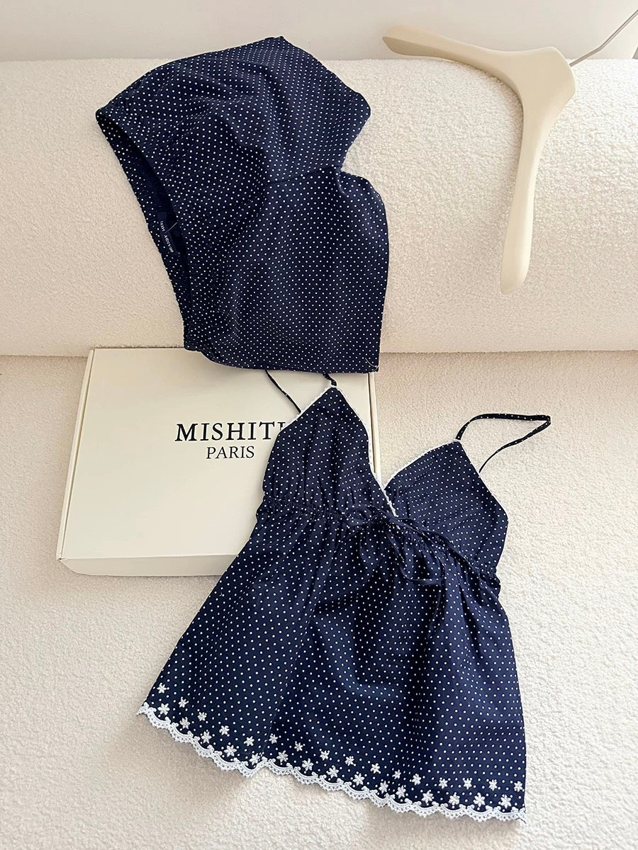 Polka Dot Lace Trim Pajama Set - Retro French Style Cami & Shorts Loungewear