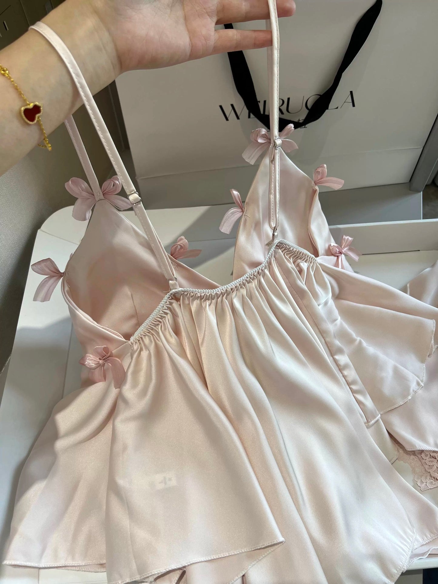 Sweet Bow-Knot Satin Pajama Set - Silky Ice Silk Cami & Shorts Loungewear