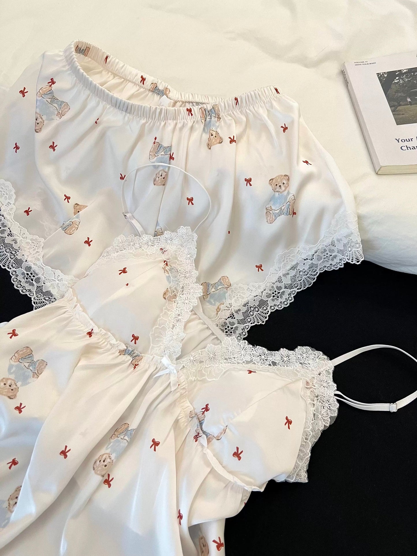Cute Bear Print Ice Silk Pajama Set - Soft Lace Cami & Shorts 2-Piece Set