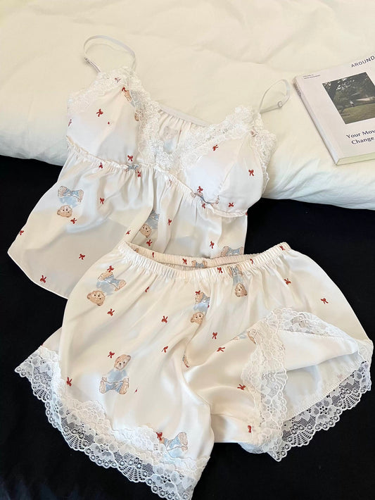 Cute Bear Print Ice Silk Pajama Set - Soft Lace Cami & Shorts 2-Piece Set