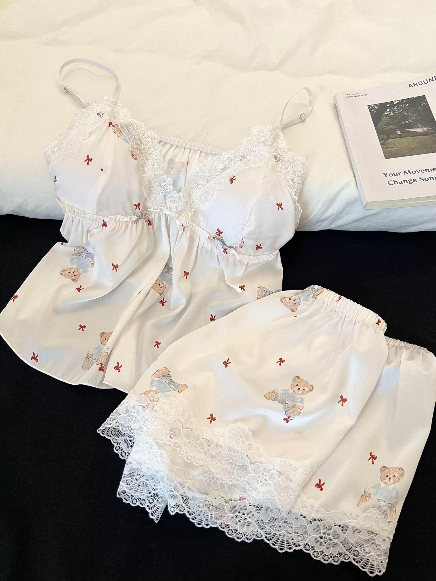 Cute Bear Print Ice Silk Pajama Set - Soft Lace Cami & Shorts 2-Piece Set
