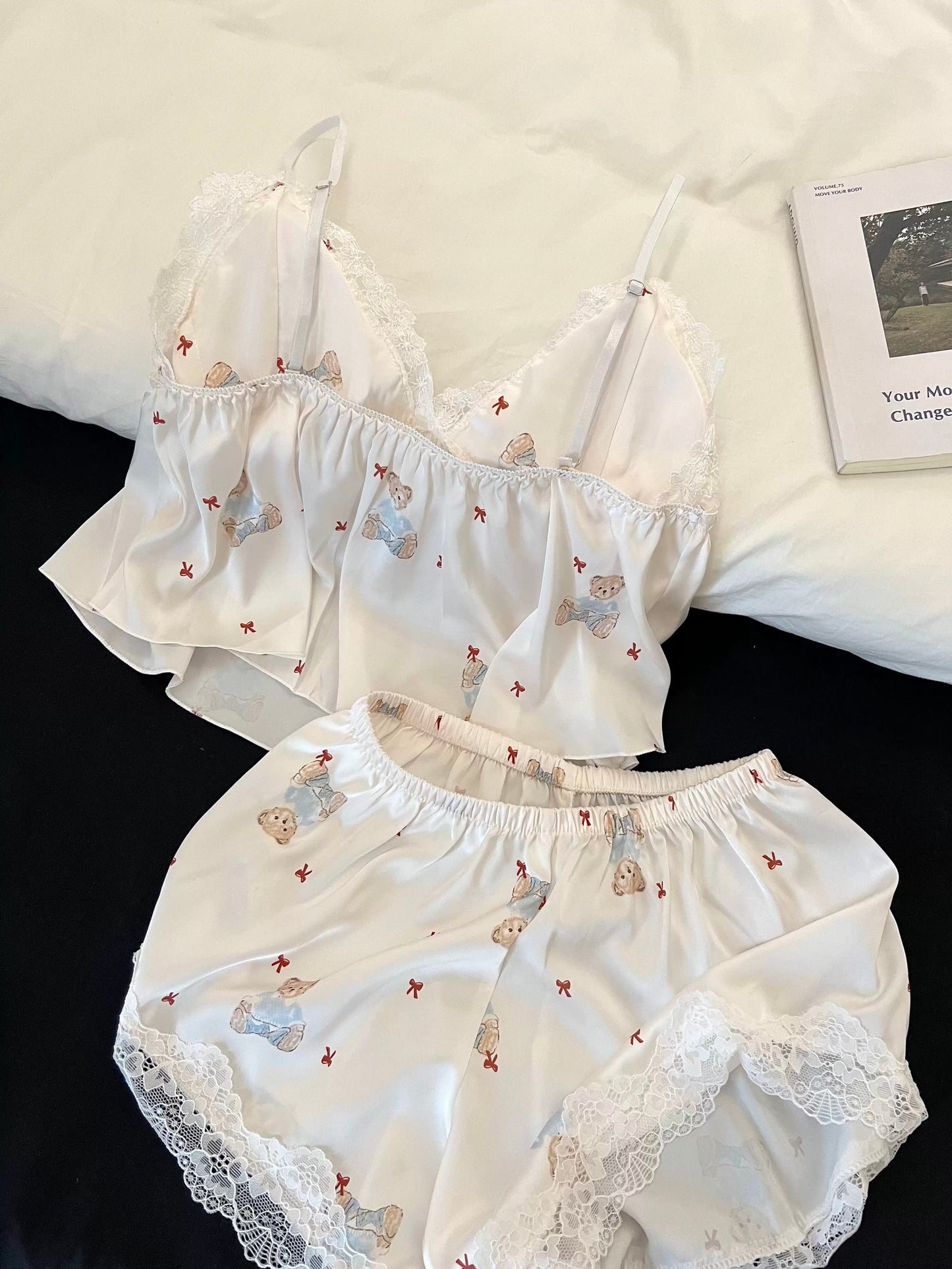 Cute Bear Print Ice Silk Pajama Set - Soft Lace Cami & Shorts 2-Piece Set