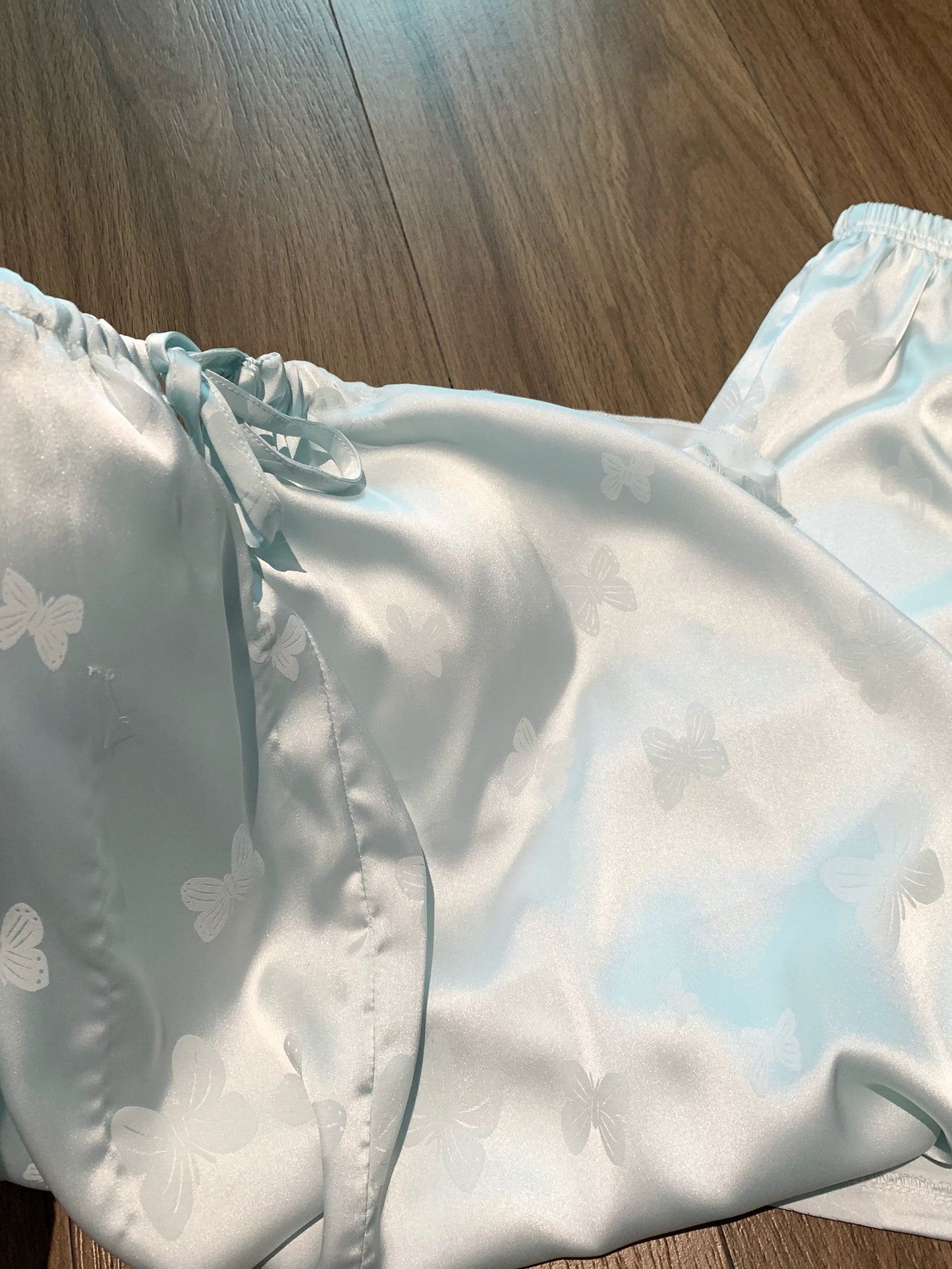 Vibrant Blue Butterfly Print Pajama Set - Silky Lace Cami & Shorts