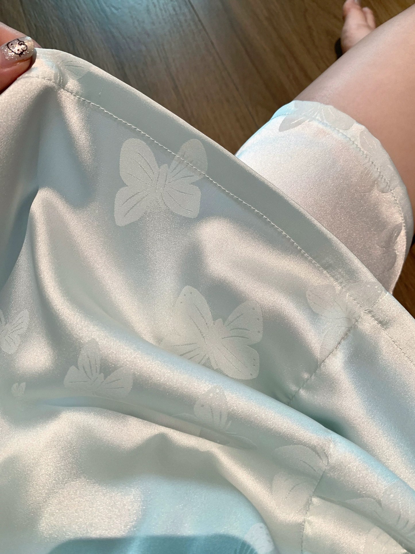 Vibrant Blue Butterfly Print Pajama Set - Silky Lace Cami & Shorts