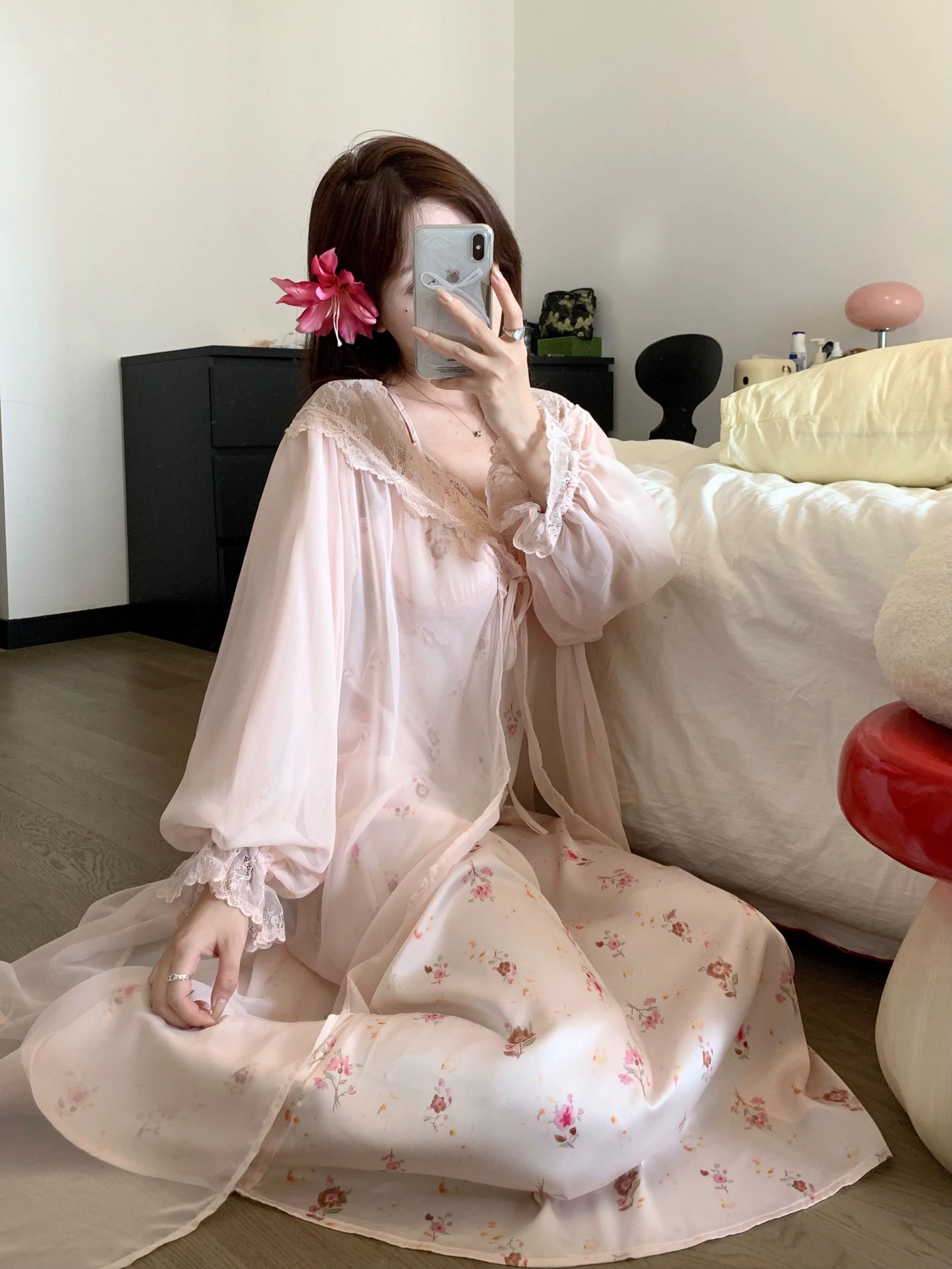 French Romantic Floral Satin Nightgown - Long Lace Trim Slip Dress