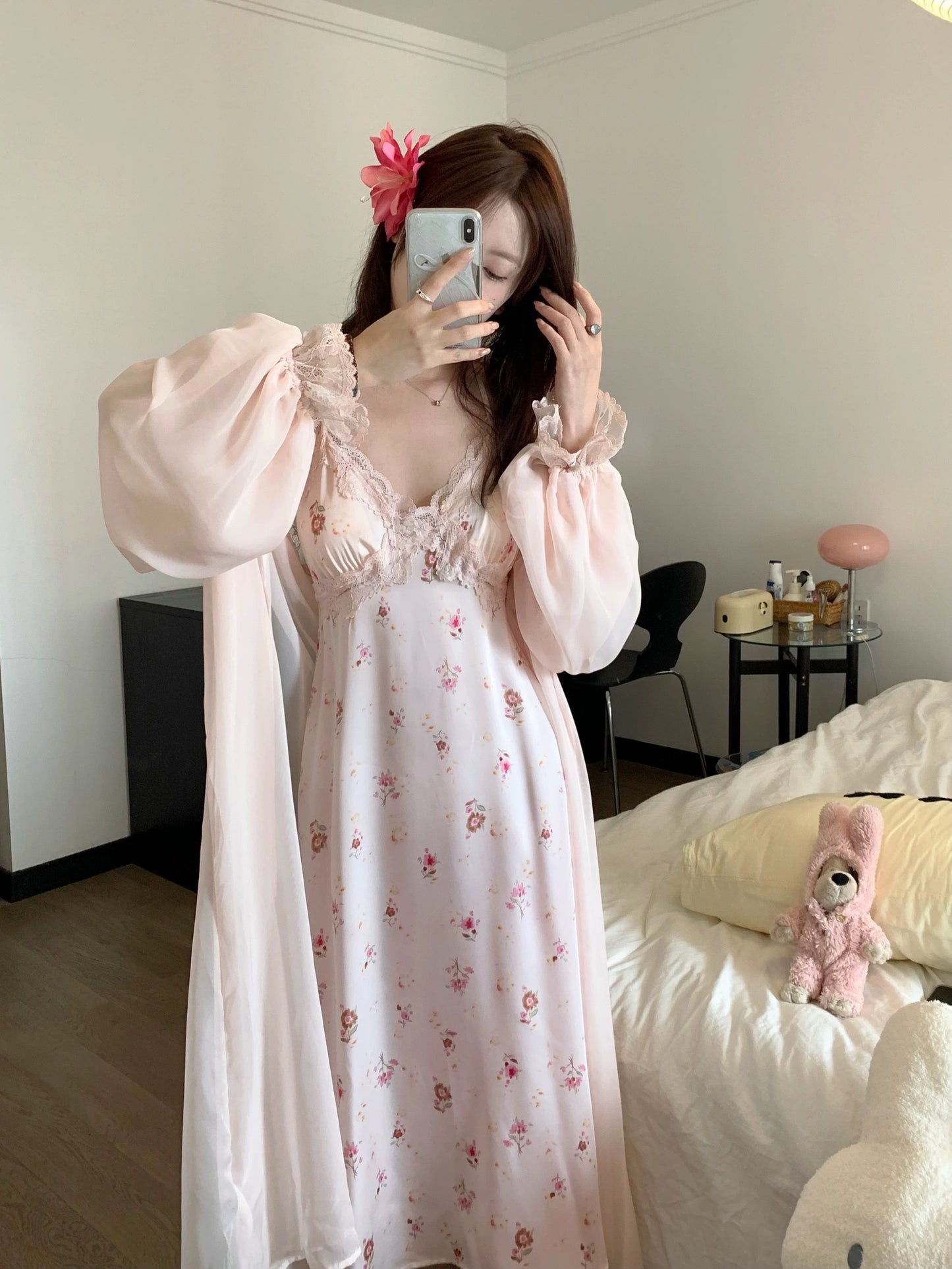 French Romantic Floral Satin Nightgown - Long Lace Trim Slip Dress