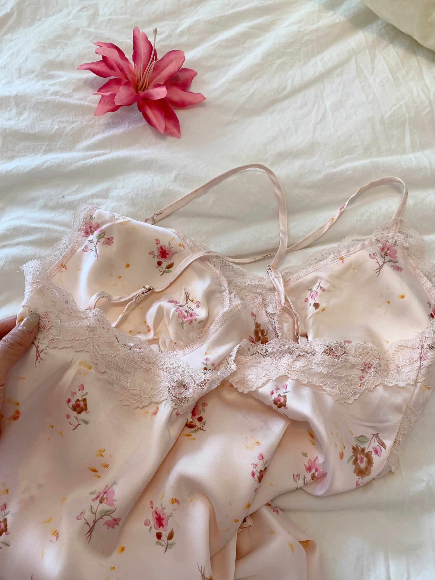 French Romantic Floral Satin Nightgown - Long Lace Trim Slip Dress