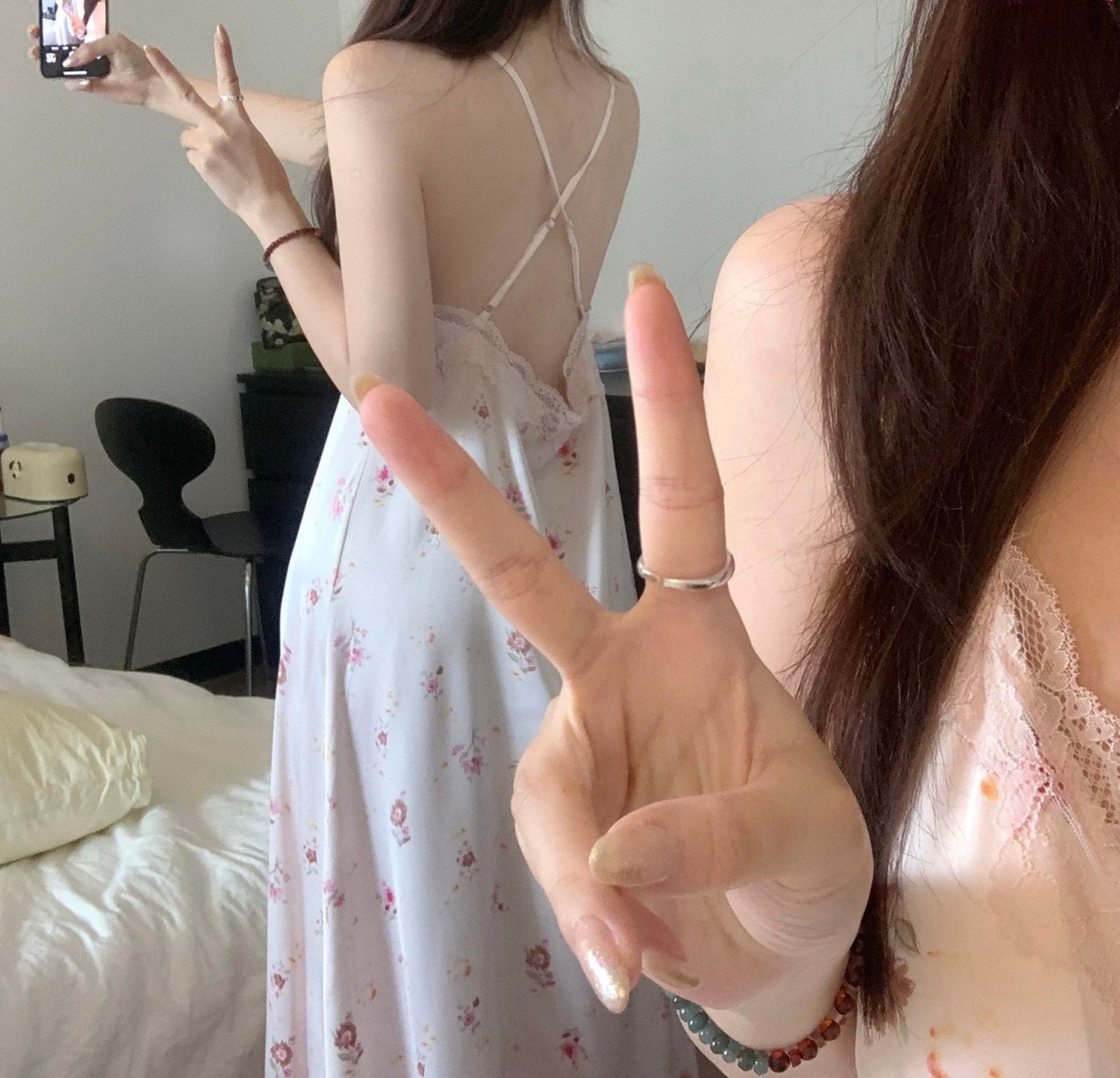 French Romantic Floral Satin Nightgown - Long Lace Trim Slip Dress