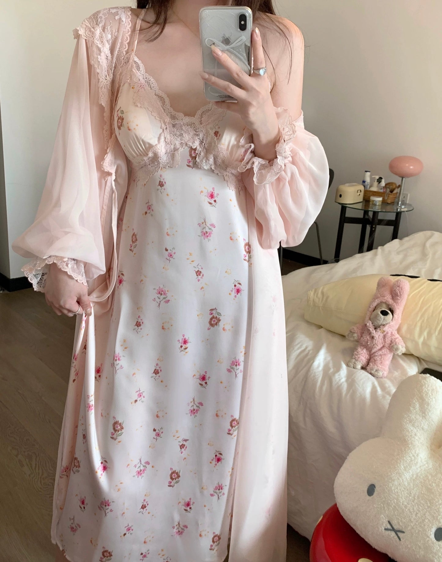 French Romantic Floral Satin Nightgown - Long Lace Trim Slip Dress
