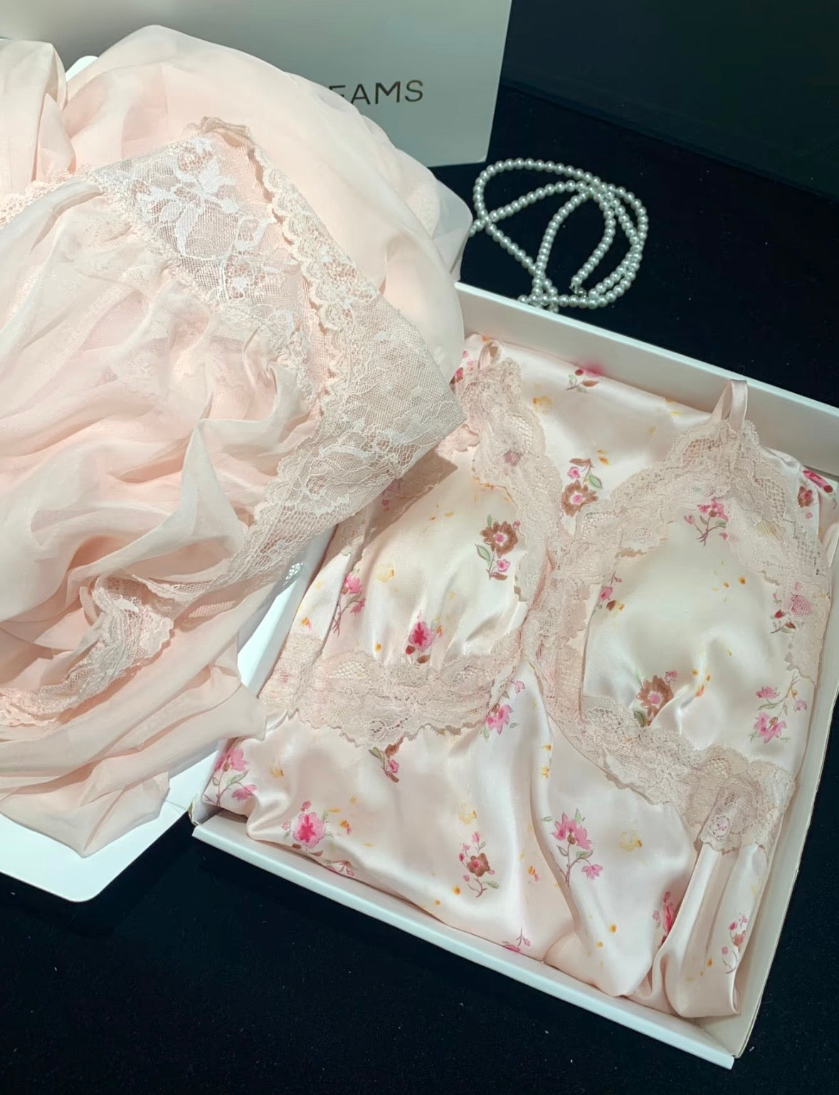 French Romantic Floral Satin Nightgown - Long Lace Trim Slip Dress