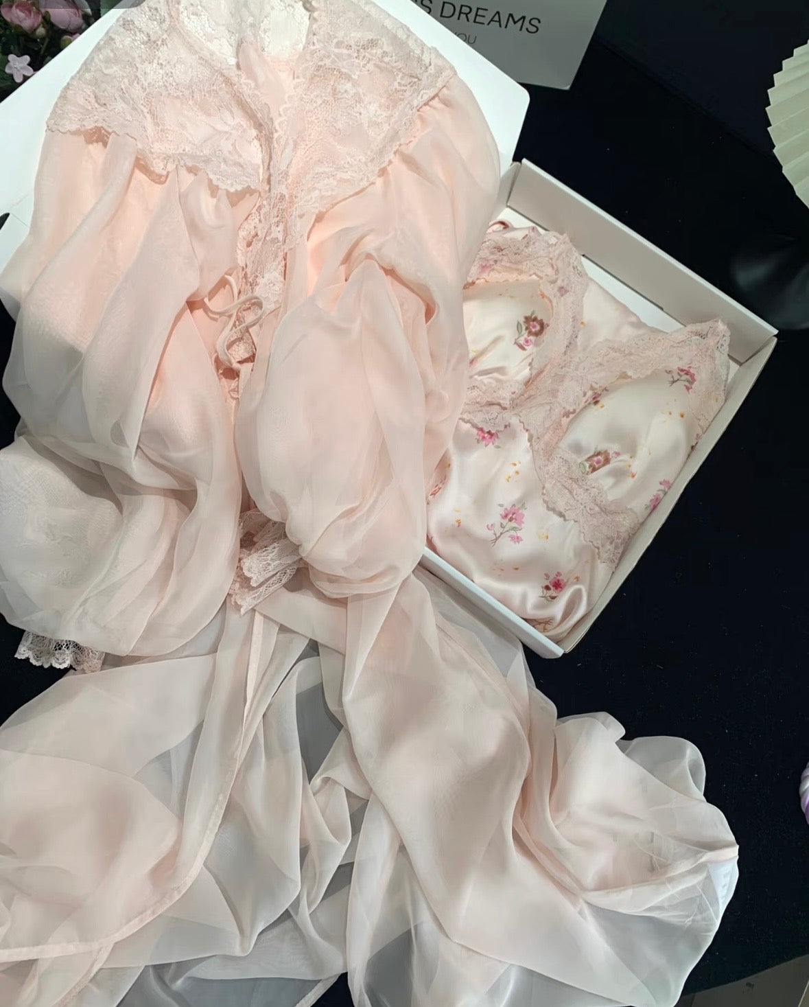 French Romantic Floral Satin Nightgown - Long Lace Trim Slip Dress