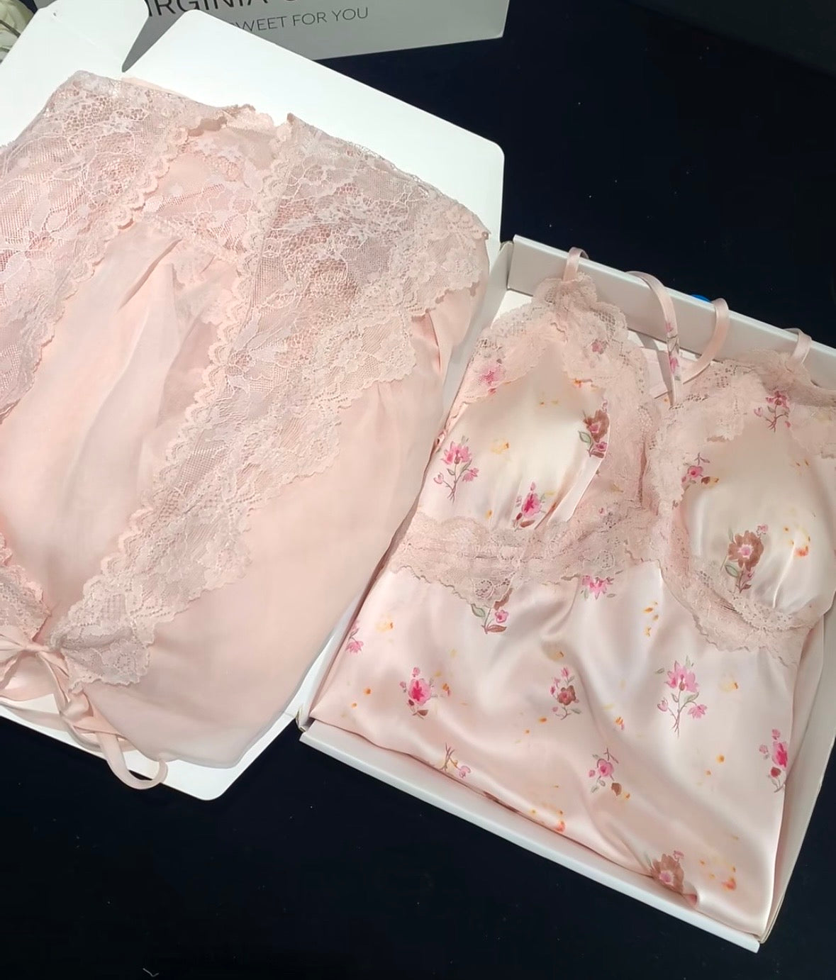 French Romantic Floral Satin Nightgown - Long Lace Trim Slip Dress