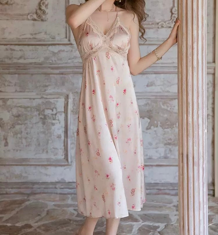 French Romantic Floral Satin Nightgown - Long Lace Trim Slip Dress