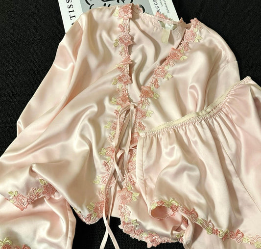 Elegant 2-Piece Satin Sleepset - Pink Rose Lace Trim