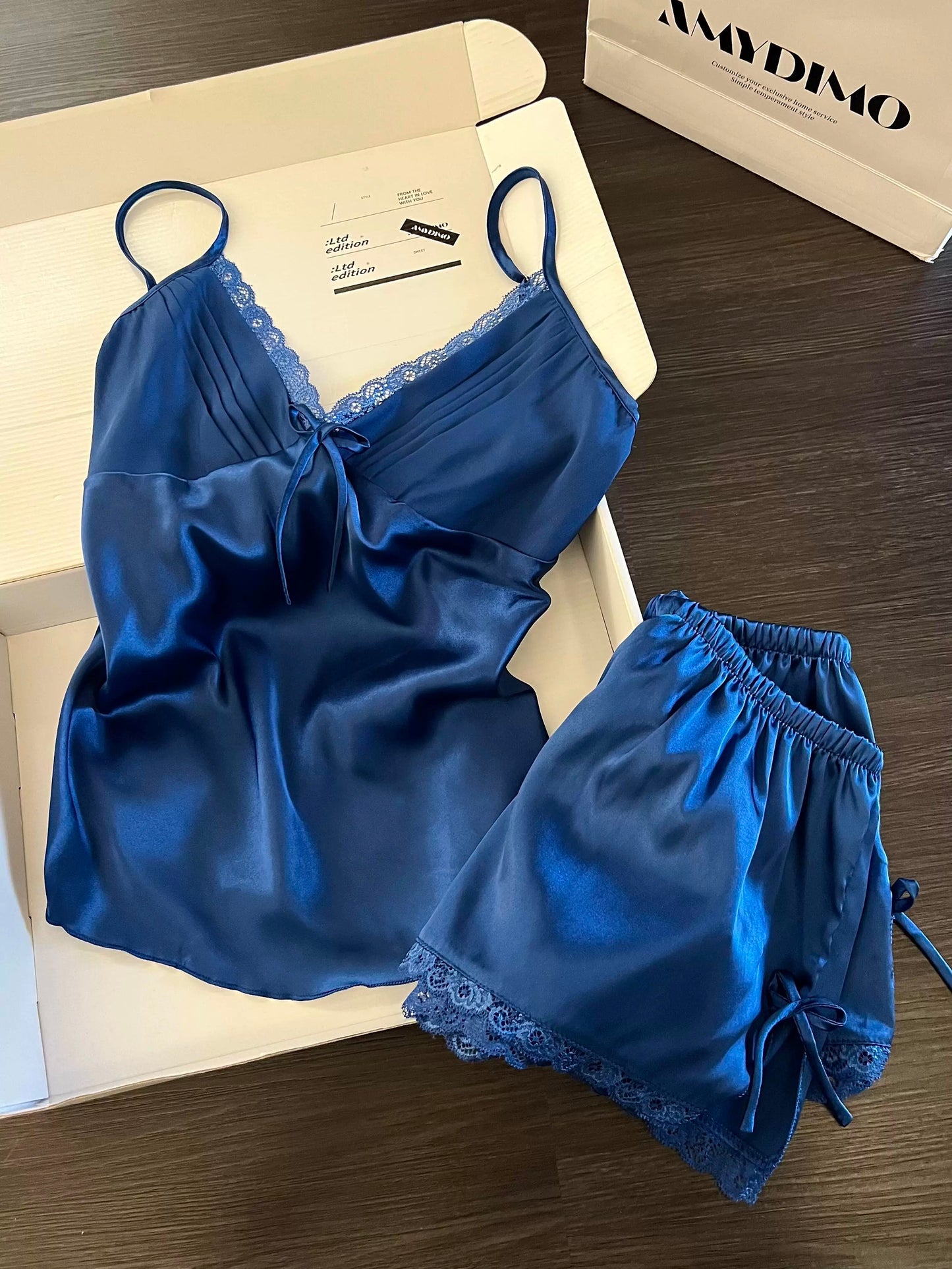 Luxury Navy Blue Silk Satin Cami and Shorts Pajama Set with Lace Trim