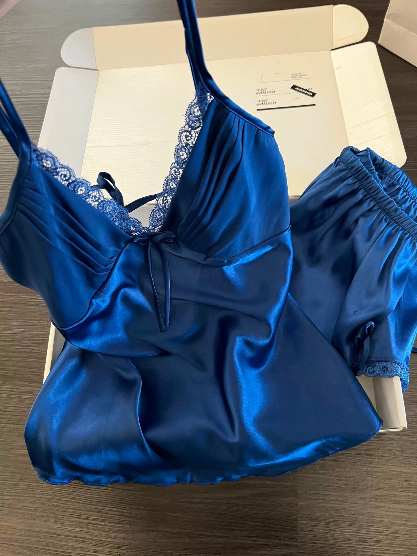 Luxury Navy Blue Silk Satin Cami and Shorts Pajama Set with Lace Trim