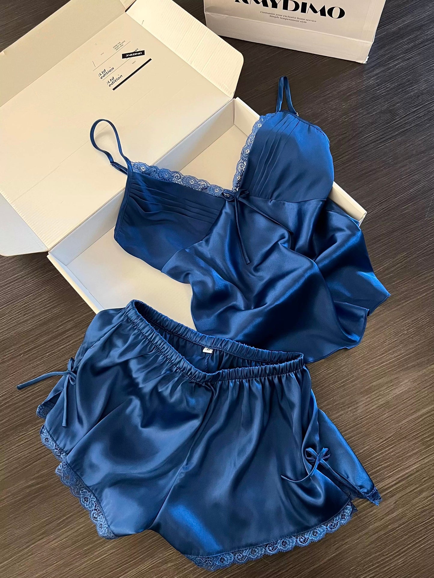 Luxury Navy Blue Silk Satin Cami and Shorts Pajama Set with Lace Trim