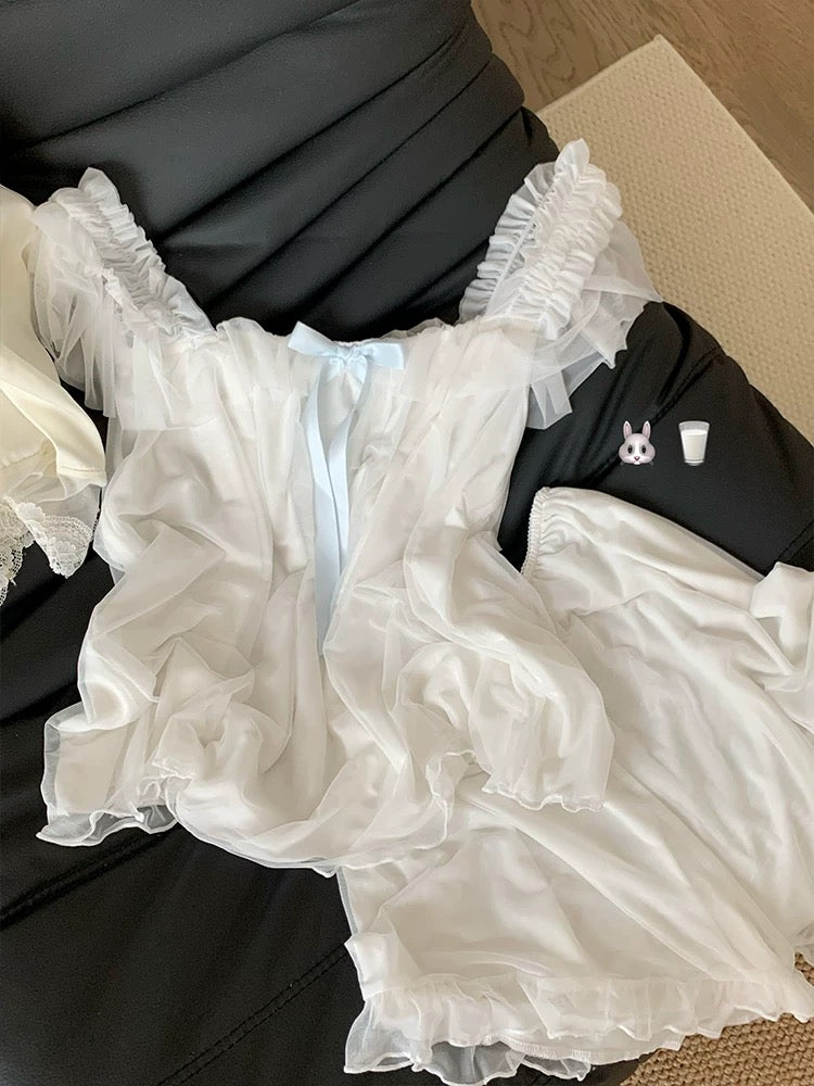 White Ruffle Chiffon Lounge Set – Romantic Princess Style Homewear