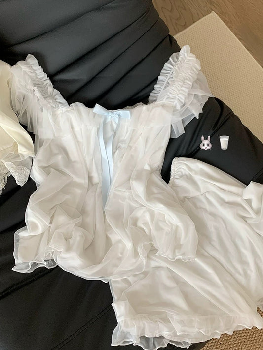 White Ruffle Chiffon Lounge Set – Romantic Princess Style Homewear