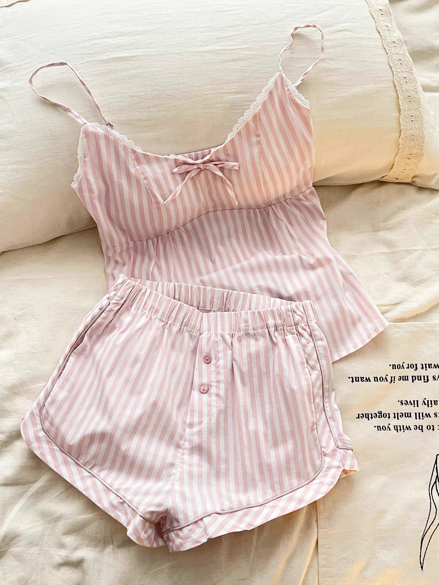 Pink Striped Lace Trim Pajama Set with Built-in Pads – Soft Cotton Blend Lounge Wear