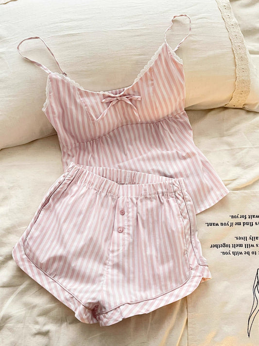 Pink Striped Lace Trim Pajama Set with Built-in Pads – Soft Cotton Blend Lounge Wear
