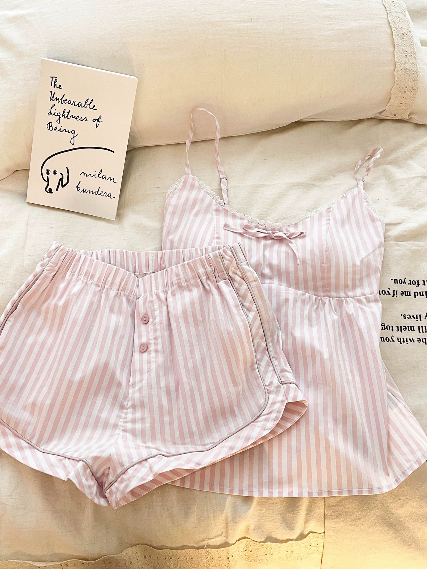 Pink Striped Lace Trim Pajama Set with Built-in Pads – Soft Cotton Blend Lounge Wear