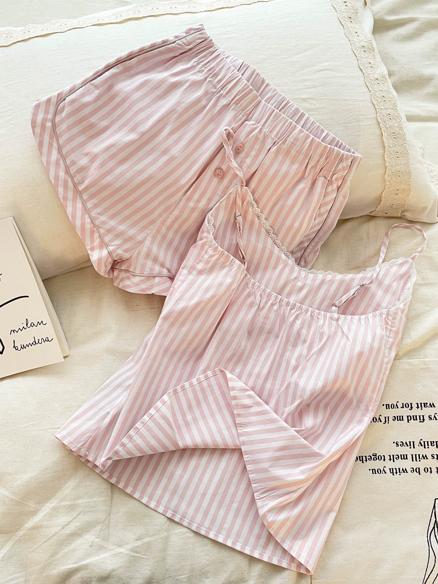 Pink Striped Lace Trim Pajama Set with Built-in Pads – Soft Cotton Blend Lounge Wear