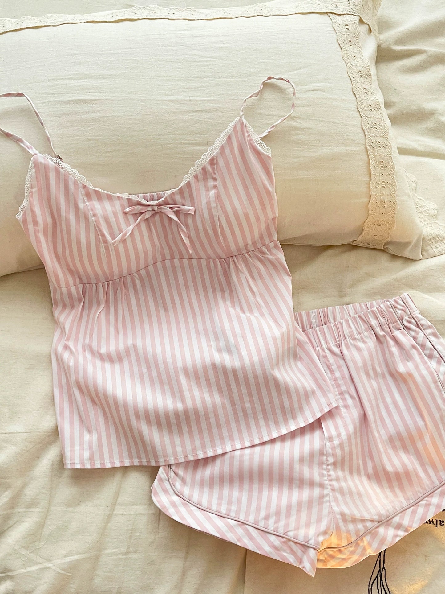Pink Striped Lace Trim Pajama Set with Built-in Pads – Soft Cotton Blend Lounge Wear